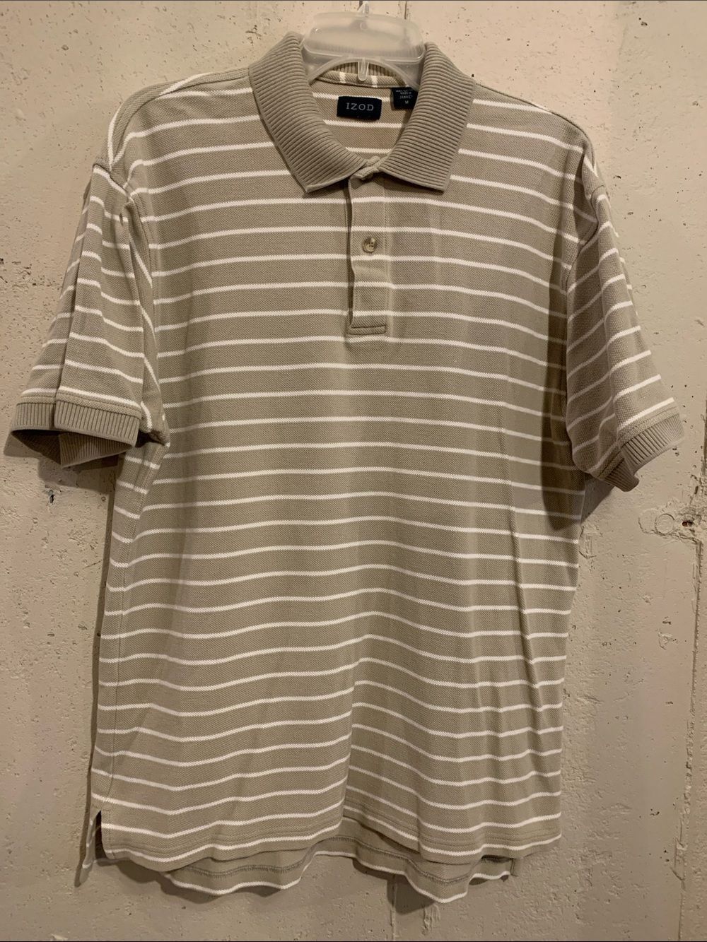 Striped Polo Izod Mens Size Medium Short Sleeve Golf Gray White